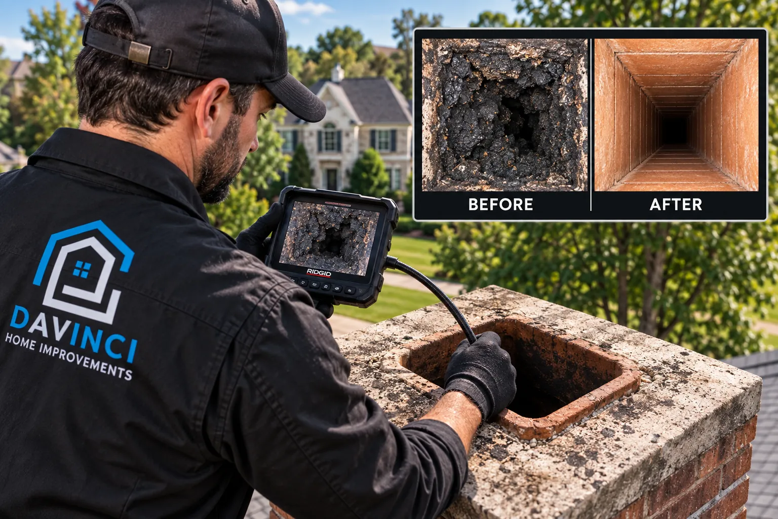 Davinci Home Improvements technician performing a camera chimney inspection in Cumming, GA