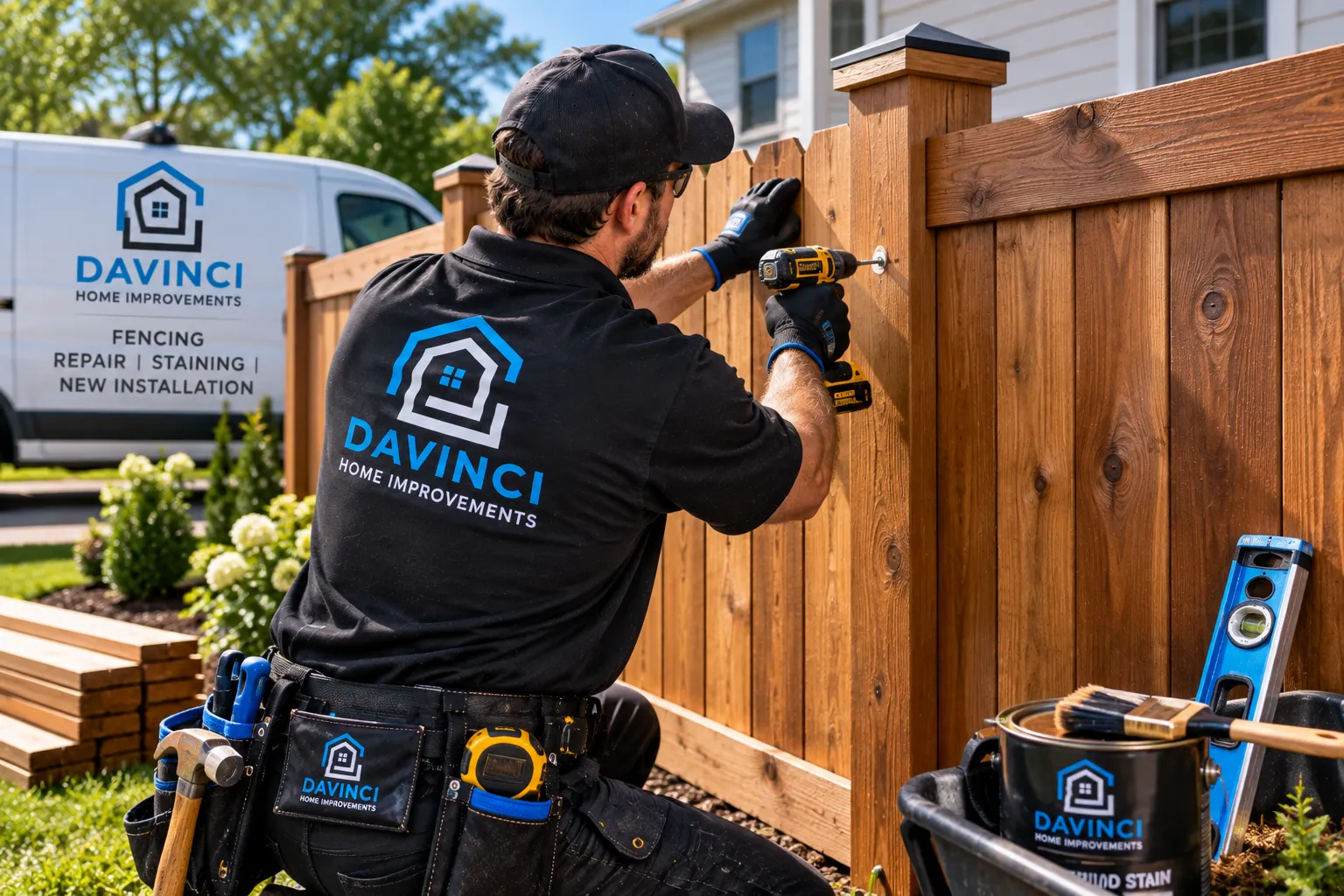 Davinci Home Improvements technician staining a wood fence panel in Cumming, GA