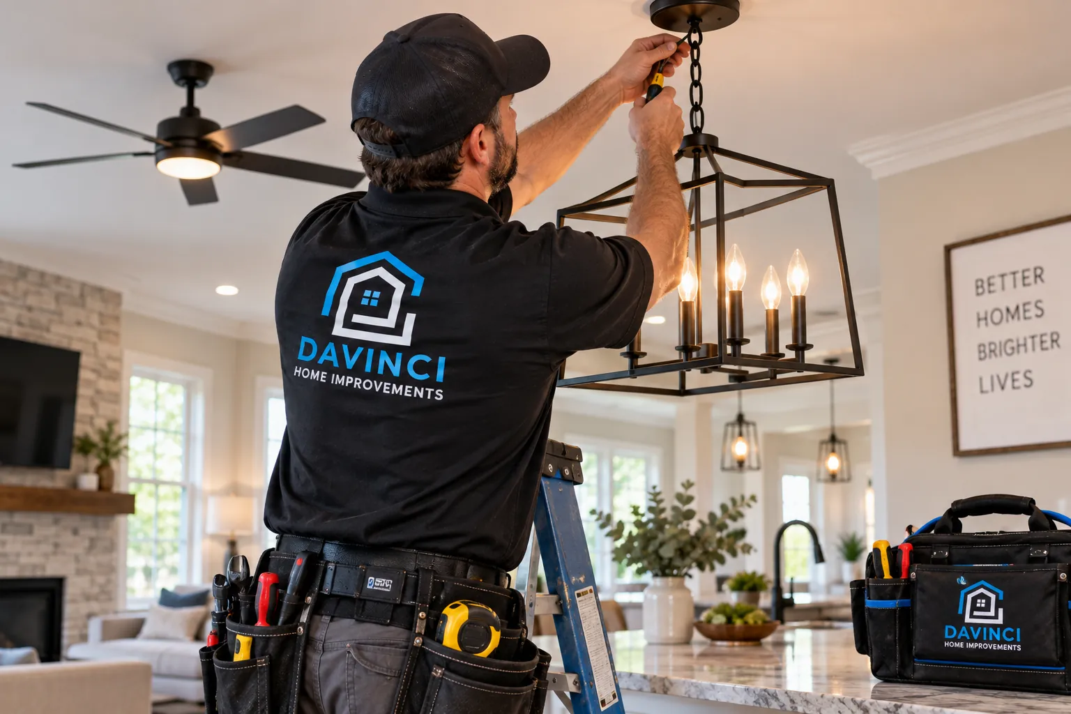 Davinci Home Improvements technician installing a light fixture in a Cumming, GA home
